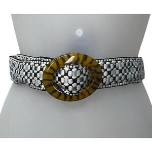 Top It Off Fabric Embroidered Woven Tortoise Shell Lucite Buckle Belt Size Large